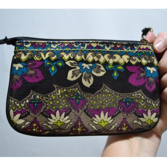 Mudd Coated Canvas Black Floral Wristlet with Keychain - Picture 9 of 9